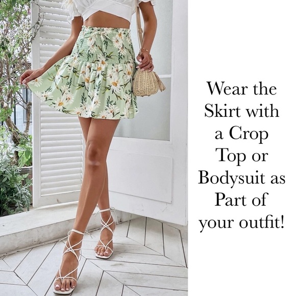 Retro Blue Floral Shirred High Waist Drawstring Beach Skirt - Picture 3 of 16